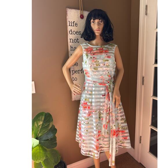 NWT Floral Striped Sheer sleeveless mint coral Sandra Darren dress size 8 - Picture 2 of 16